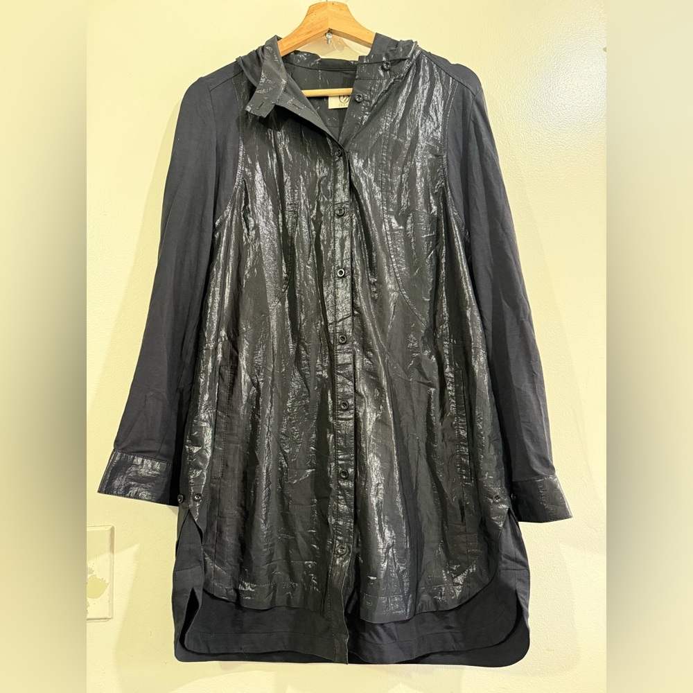 Juzui Black Hooded Shimmer Lightweight Trench Coat